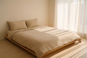 Minimalist bedroom with low platform bed, pastel beige linen, sunlight through sheer curtains.