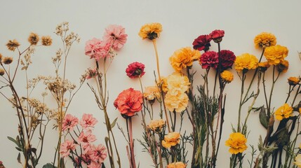 Naklejka premium Colorful array of dried flowers displayed against a minimalist background showcasing natural beauty and texture