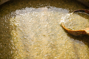 Cooking herbal sauce over a simmering pot in a rustic kitchen during daylight hours