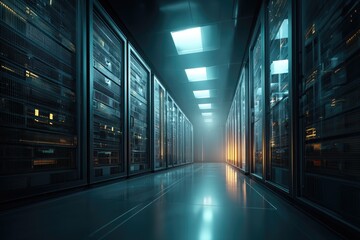Server room, futuristic, lit corridor