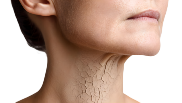 Close-up of a woman's neck showing dry, cracked skin, highlighting the effects of aging and skincare needs in a natural light setting.