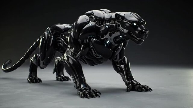 realistic futuristic animal robot modeled after a panther, black glossy armor, crouching pose, isolated on solid dark background, sleek stealth cybernetic beast