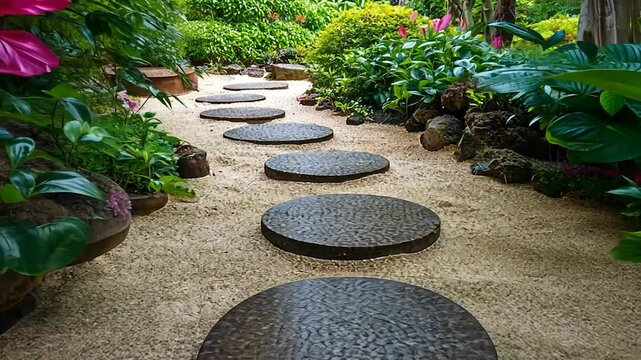 Peaceful stone path through lush garden