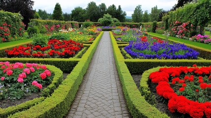 Fototapeta premium Formal garden path lined with vibrant flowers and hedges