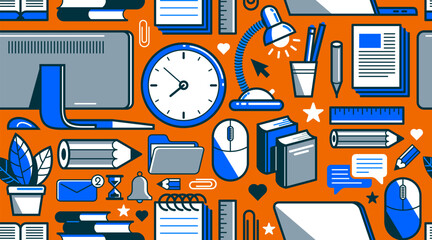 Office or remote work seamless background, PC and papers job workplace desk vector endless wallpaper, all elements easy to use separately as an icons or illustrations.