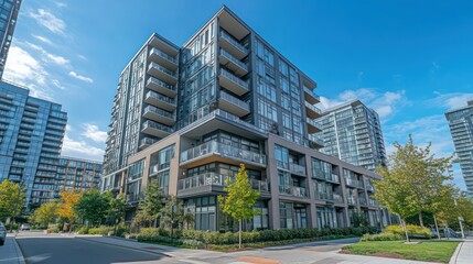 Modern highrise condos under blue sky