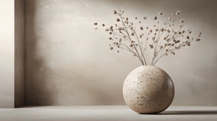 Beautiful round vase filled with delicate dried flowers in a minimalist interior setting
