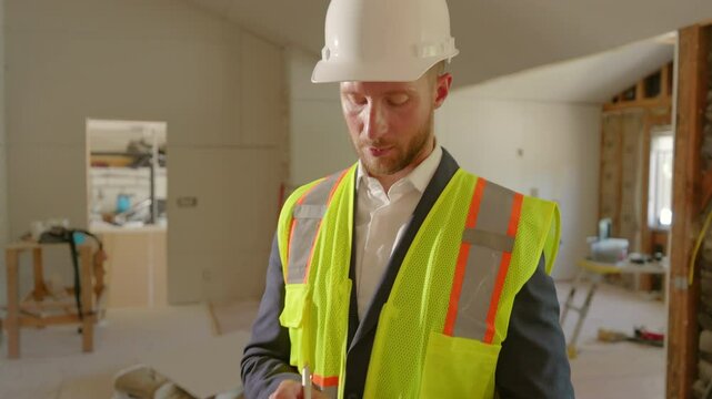 A construction manager wearing a protective hard hat and bright safety vest diligently takes detailed notes while thoroughly inspecting a home renovation site to ensure everything is on track