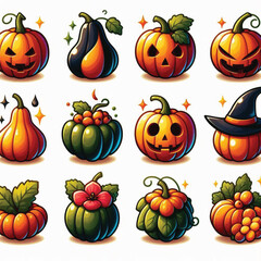 Set of Colorful Pumpkin Icons on White Background 
