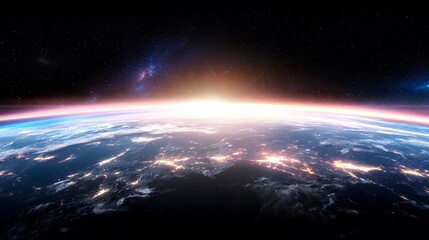 Fototapeta premium Earth View From Space with City Lights and Rising Sun