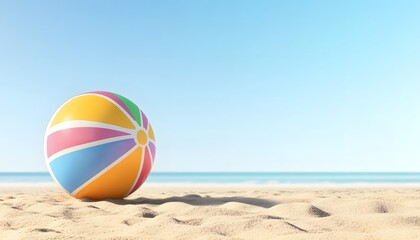 Obraz premium A colorful beach ball rests on a sandy shore near the ocean