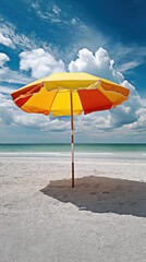 A colorful beach umbrella stands alone on a tranquil shoreline, casting a playful shadow on soft sands, surrounded by a serene ocean and stunning clouds.