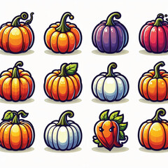 Set of Colorful Pumpkin Icons on White Background 