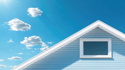 Architectural detail showing blue sloped roof and white attic window under clear sky