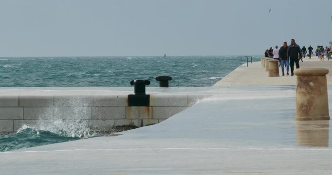 Strong Waves from the Jugo Wind Crash on the Promenade in Zadar, Croatia