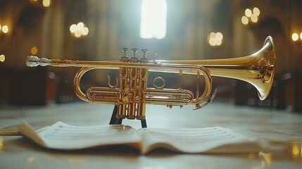 Obraz premium Trumpet rests sheet music open church ambiance