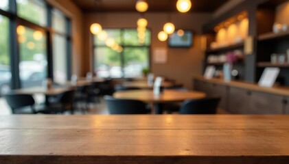 Empty wooden tabletop, blurred cafe backdrop, bokeh lights, template, lifestyle, vintage