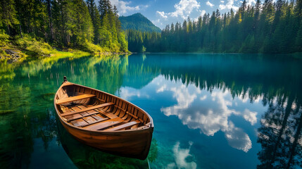 Obraz premium Serene Lake Landscape: Wooden Boat Forest Reflection