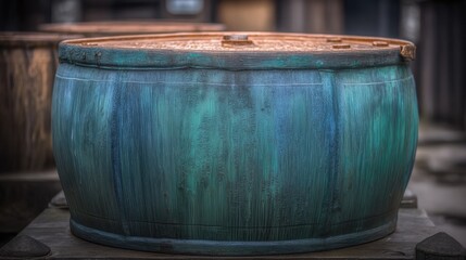 Fototapeta premium Rustic Barrel's timeless Charm: the weathered allure of an aged wooden barrel, showcasing textures and rich colors, conveying a sense of heritage and rustic elegance.