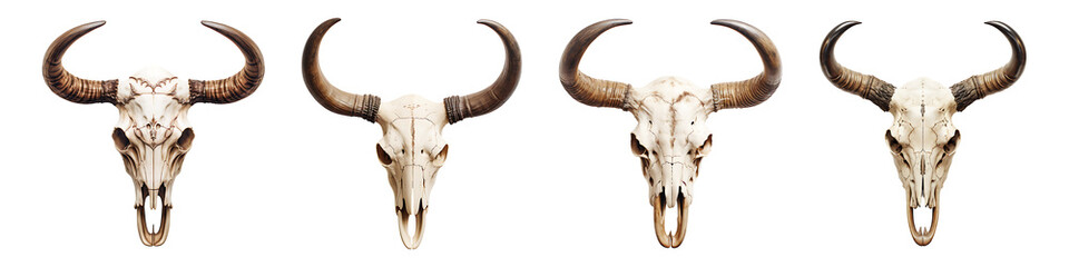 Set of bull skulls isolated on transparent background