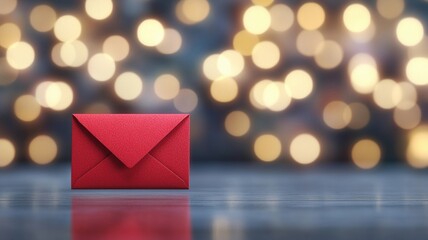 glowing red envelope on reflective surface with blurred bokeh background creates festive atmosphere