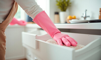 Photo of the spring cleaning in a bright apartment. Cleaner hands in gloves close up