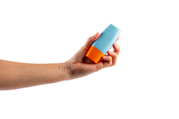 Blue cosmetic bottle in hand, Skin care or sunscreen cosmetic on transparent background.