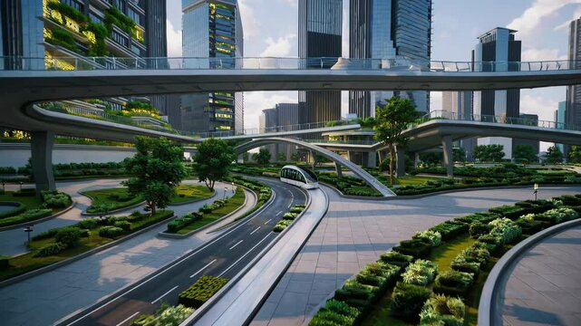 Modern metropolis showcases sustainable urban development with green skyscrapers, elevated roads, and automated vehicles navigating a complex network of interconnected pathways