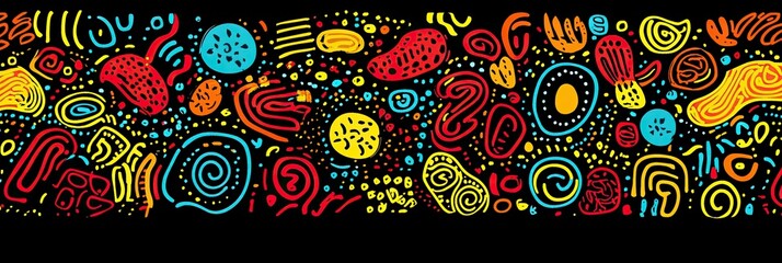 Vibrant abstract art with colorful shapes and swirling patterns on a black background