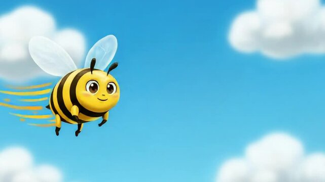 Cute bee cartoon flying in the blue sky with clouds. 4K Video