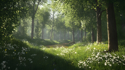 Obraz premium Sunlit Forest Stream and Wildflowers: A Serene Landscape