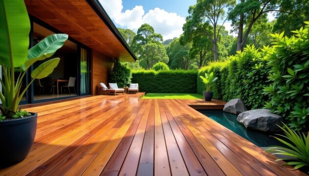Modern home's ipe wood deck, tropical hardwood, low angle , modern house, low angle, ipe wood