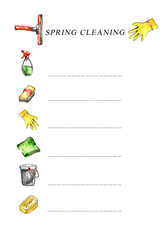 Spring cleaning. Watercolor blank list with lines for writing a cleaning list with colored icons of a scraper, spray, napkin and soap, gloves and a bucket. Hand drawn on a white background