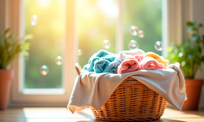 Photo of a laundry basket in a sunlit room with brightly colored soap bubbles around it