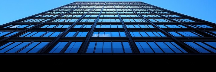 Upward view captures towering building grid of windows