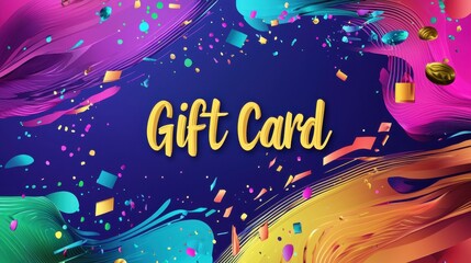 Fototapeta premium Colorful gift card design with vibrant swirls and festive confetti elements suitable for celebrations and special occasions