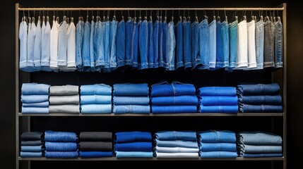 Blue jeans in different shades, folded and hanging on metal racks in trendy fashion boutique