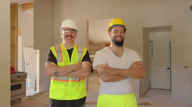 Two skilled construction workers in safety gear pose at a busy renovation site, highlighting their teamwork and dedication as they work to complete the project safely and effectively