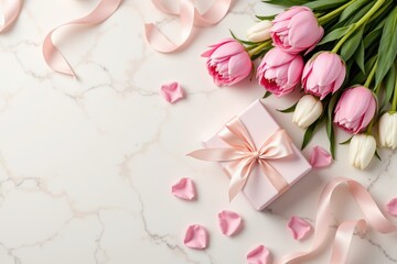 Pink tulips and gift box with ribbon on marble background  