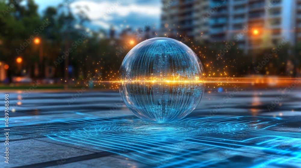 Poster visualizing atomic collision through futuristic holograms in a high-tech laboratory environment