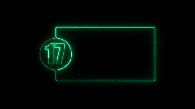 colorful glowing neon 17 text icon animation. Square rectangle picture frame with one tone neon color motion graphic on isolated black a background.	