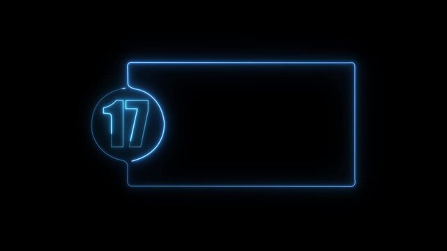 colorful glowing neon 17 text icon animation. Square rectangle picture frame with one tone neon color motion graphic on isolated black a background.	