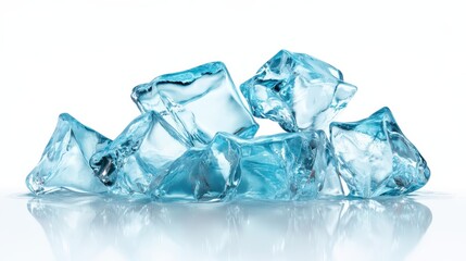 Obraz premium This image showcases a striking arrangement of clear ice cubes with reflections and water droplets, creating a refreshing and cool visual that emphasizes purity and clarity.
