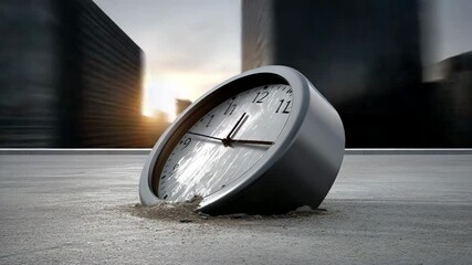 A surreal image of a clock partially submerged in a street, capturing the essence of time and urban life.
