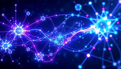 Vibrant 3D Rendered Neon Biotech Illustration Featuring Glowing Blue and Pink Molecular Connections on a Dark Background Perfect for Medical Scientific and Technology Design