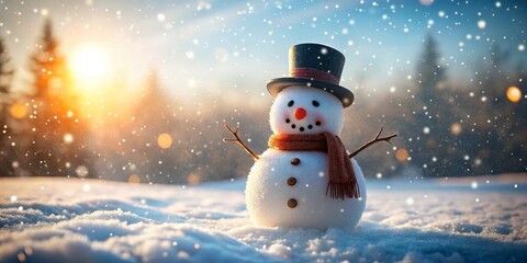 Fototapeta premium A cheerful snowman in a top hat and scarf stands amidst a softly falling snow, bathed in the warm glow of a winter sunset.