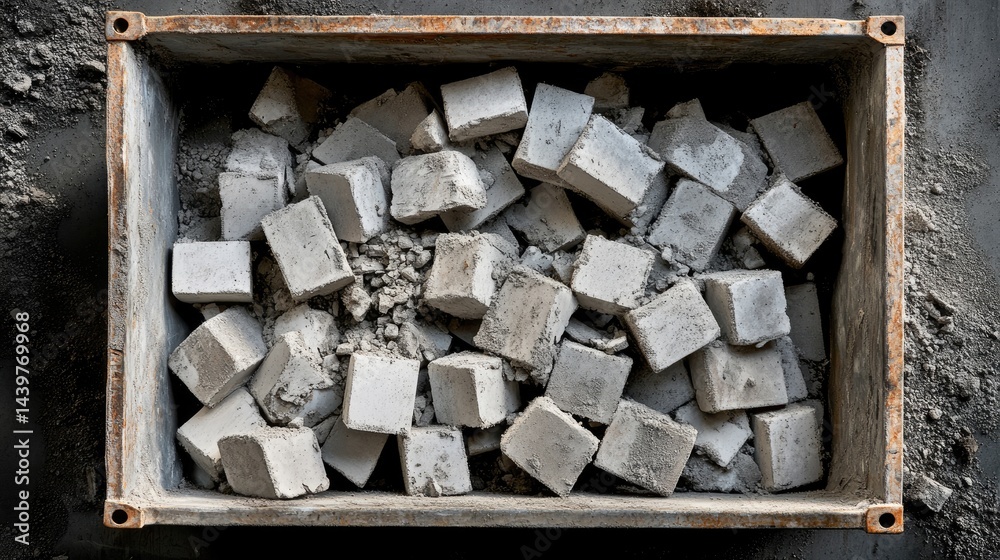 Poster Broken cement blocks and debris heap inside metal container at building site