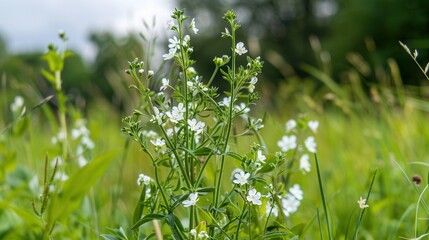 Delicate White Wildflowers Growing Amidst Lush Green Grass Fields