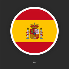 Obraz premium Spain circle flag icon with shadow on dark background. Spain button icon with white border isolated dark grey background 