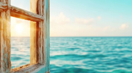 An inviting view through an open window towards a serene ocean at sunset, capturing the beauty of nature and tranquility with warm golden and blue hues in the sky.